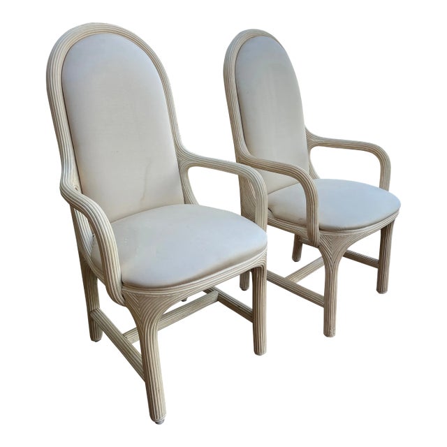 Vintage 1980s American Drew Post Modern Round Back Split Reed Arm Chairs - a Pair For Sale