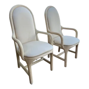 Vintage 1980s American Drew Post Modern Round Back Split Reed Arm Chairs - a Pair