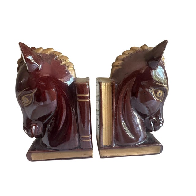 Vintage Art Deco Ceramic Horse Head Bookends With Gilt Book Spines – Pair Art Deco Equestrian Ceramic Bookends For Sale - Image 11 of 11