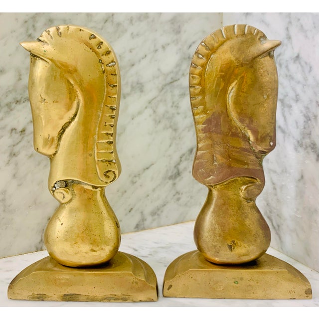 Vintage Solid Brass Horse Head Knight Chess Piece Bookends- a Pair For Sale - Image 11 of 12