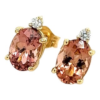 Natural Tourmaline Diamond Stud Earrings 14k Y Gold 1.76 TCW Certified For Sale