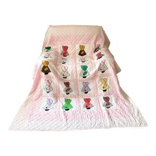 Vintage 80s Sunbonnet Sue Queen Embroidered Quilt For Sale