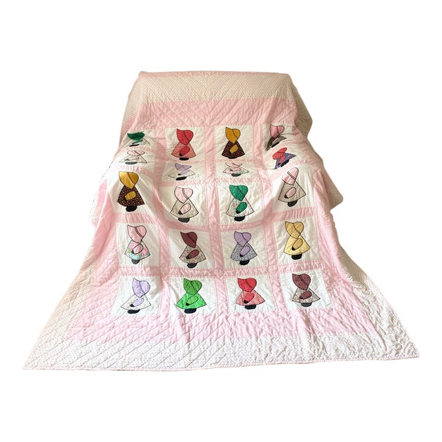 Vintage 80s Sunbonnet Sue Queen Embroidered Quilt For Sale