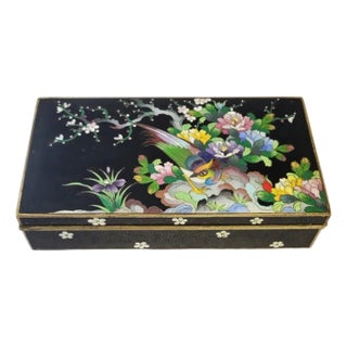 Vintage Japanese Cloisonné Floral & Bird Hinged Box on Black Ground For Sale