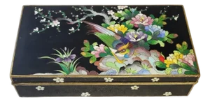 Vintage Japanese Cloisonné Floral & Bird Hinged Box on Black Ground
