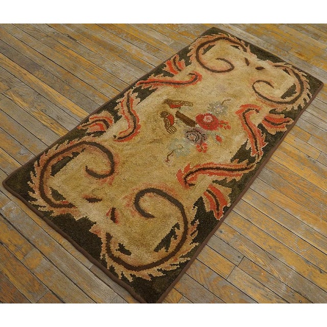 American 1900s Ivory Medallion Folk Art Antique American Hooked Rug 2' 3" X 4' 5" Handknotted Wool Carpet For Sale - Image 3 of 6