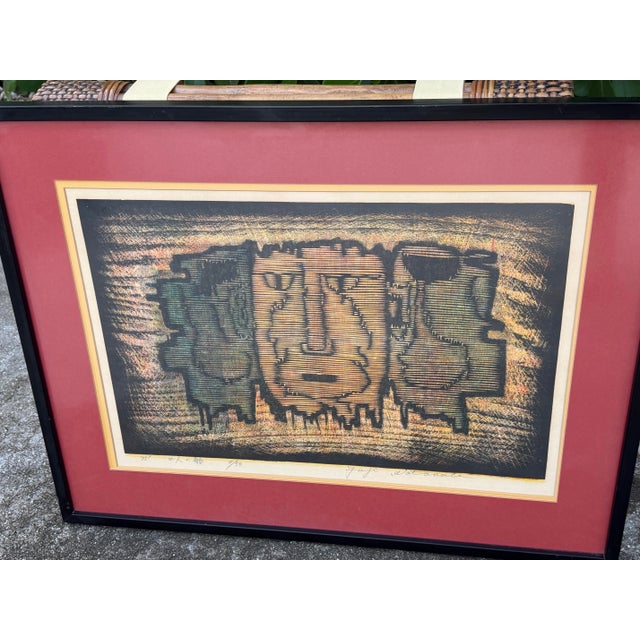 1970s Vintage 1975 Yuji Watanabe Sōsaku-Hanga Woodblock Print “Three Faces” For Sale - Image 5 of 10