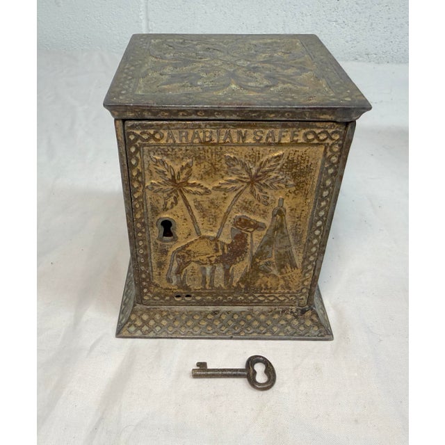 Figurative Rare Antique Kyser & Rex Arabian 1882 Cast Iron Still Bank Safe Relief Detail For Sale - Image 3 of 12