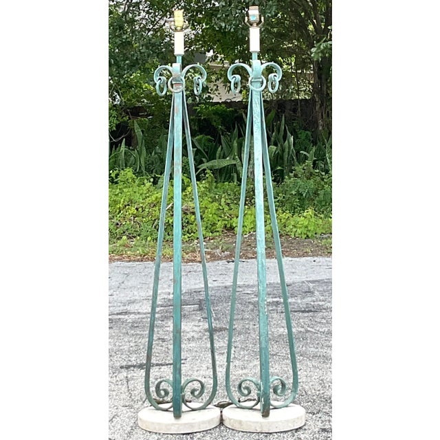 Elevate your space with these Vintage Boho Patinated Ring Floor Lamps. This stunning pair, crafted in classic American...