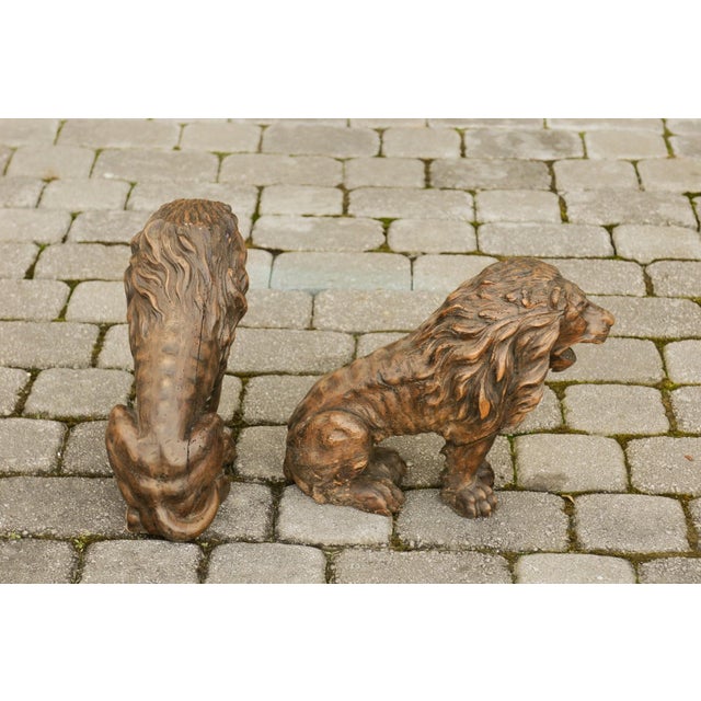 Pair of Italian 1880s Small Walnut Hand Carved Lion Sculptures with Dark Patina For Sale - Image 10 of 12