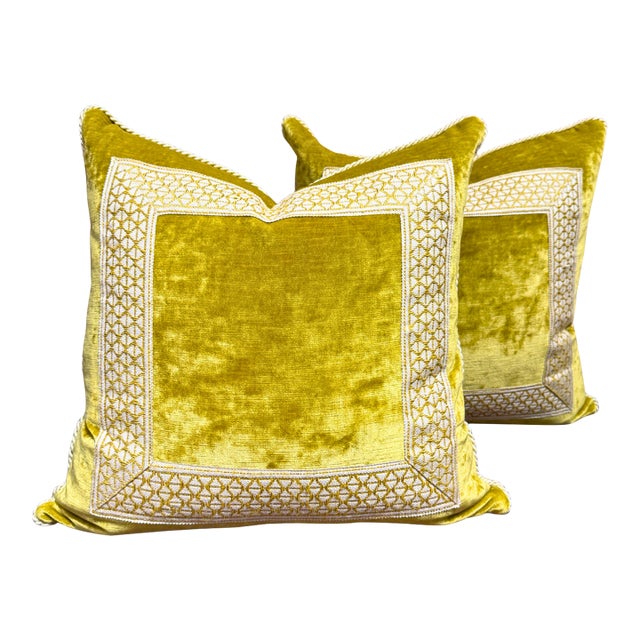 Yellow Velvet & Embroidered Tape Throw Pillow Pair For Sale