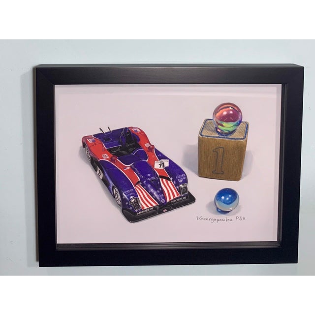 One Car by Irene Georgopoulou | Pastel Drawing of a race car with marbles and a block. For Sale