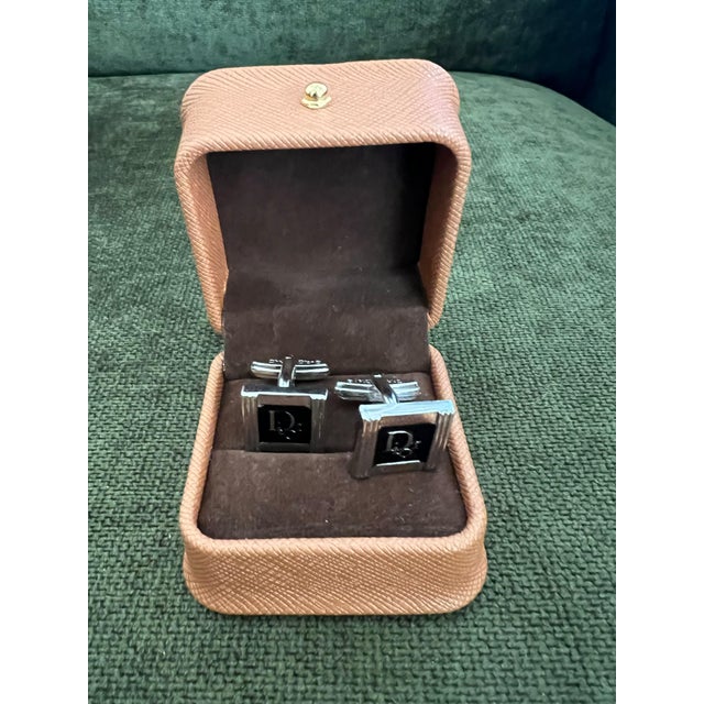 Vintage Christian Dior Silver Plated Logo Cufflinks Circa 1970 In Bochic Case For Sale - Image 10 of 10