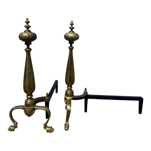 1920s Antique 1920s Brass Fireplace Andirons Pair Refurbished Colonial Hearth Decor For Sale - Image 5 of 18