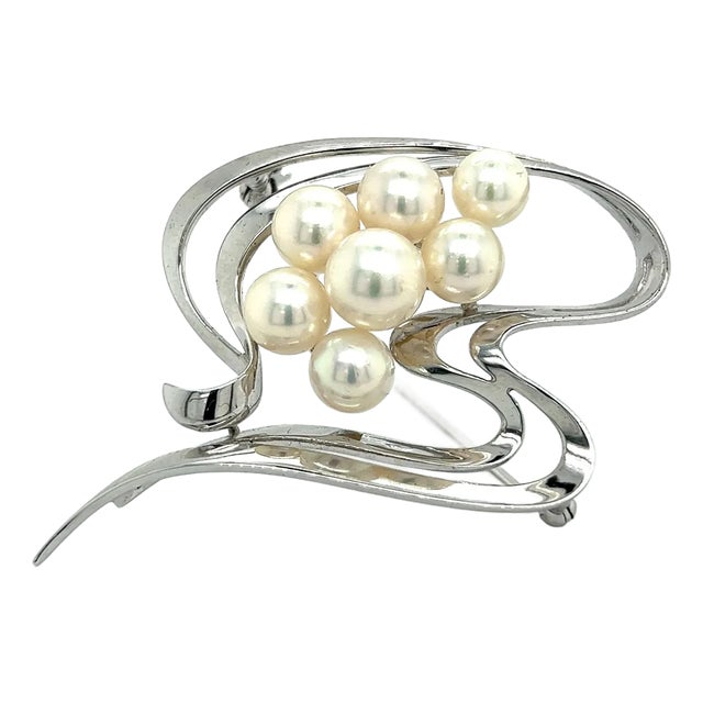 1990s Mikimoto Estate Akoya Pearl Brooch Pin Sterling Silver For Sale