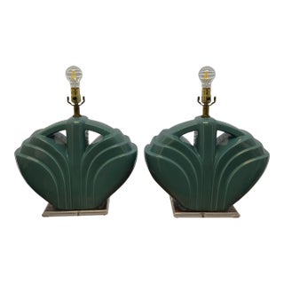 1980s Postmodern Seafoam Green Ceramic Glazed Table Lamps With Lucite Base - a Pair For Sale