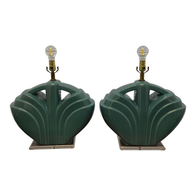 1980s Postmodern Seafoam Green Ceramic Glazed Table Lamps With Lucite Base - a Pair For Sale