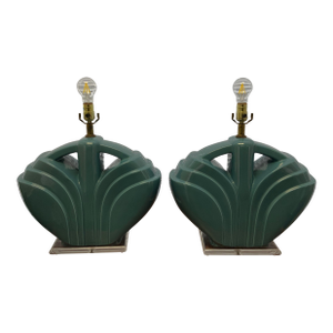 1980s Postmodern Seafoam Green Ceramic Glazed Table Lamps With Lucite Base - a Pair