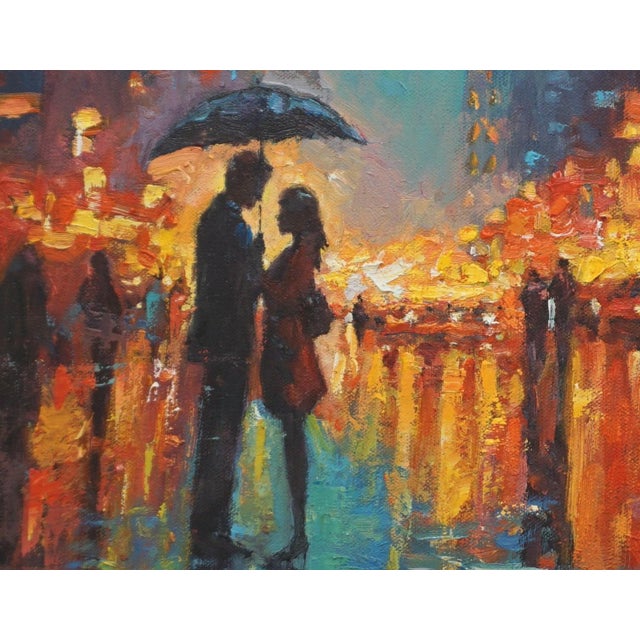 Original oil painting by Sean Wu, A couple in love in the city rain.
