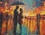 Original oil painting by Sean Wu, A couple in love in the city rain.