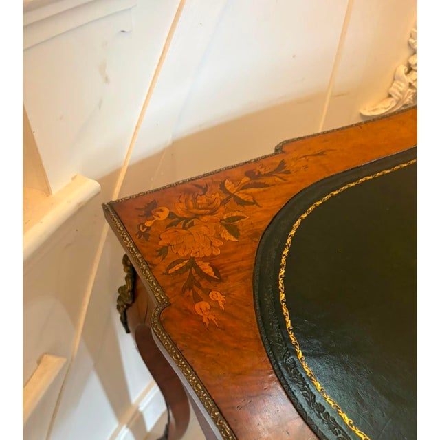Black Antique French Walnut Marquetry Inlaid Writing Desk with Leather Top, 1860s For Sale - Image 8 of 14