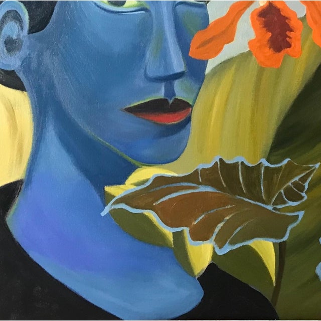 Marc Zimmerman "Jungle Blues" Oil Painting, Blue Figurative Portraits in Tropical Setting, Hibiscus Blooms, Gold Foliage, Contemporary Art West Coast For Sale In Monterey, CA - Image 6 of 9