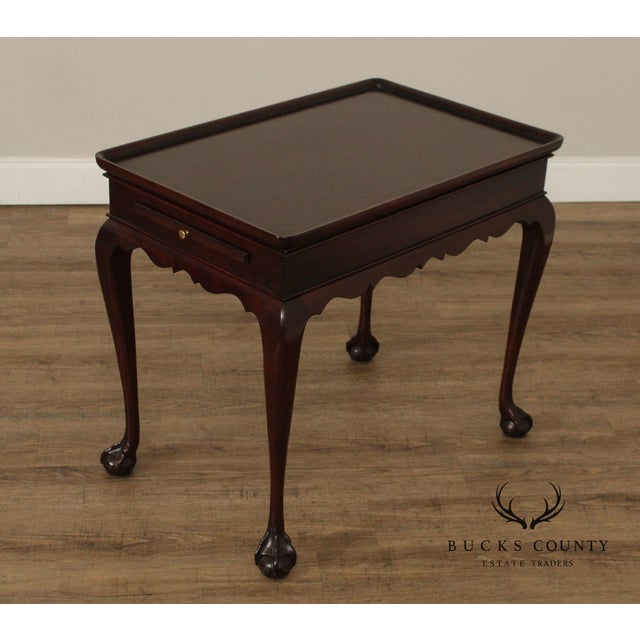 High Quality American Made Cherry Side Table with Carved Ball and Claw Feet and Pull Out Slides on Either Side