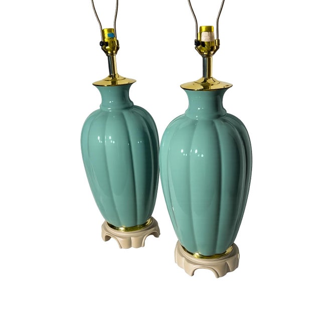 1970s Blue-Green Ginger Jar Table Lamps With Brass Accents - a Pair For Sale - Image 4 of 7