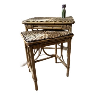 1960s Mid-Century Bohemian Woven Wicker & Rattan, Bamboo Sunburst Nesting Tables - Set of 2 For Sale