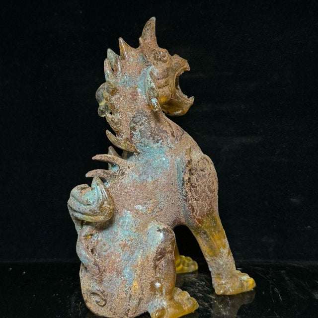Verdigris Antique Glass Guardian Lion Sculpture – 7.1" Roaring Mythical Beast With Verdigris Patina For Sale - Image 8 of 9