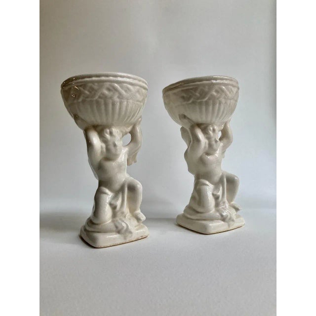 Mid 20th Century Cream Ceramic Cherub Vases Candle Holders - A Pair For Sale - Image 13 of 13