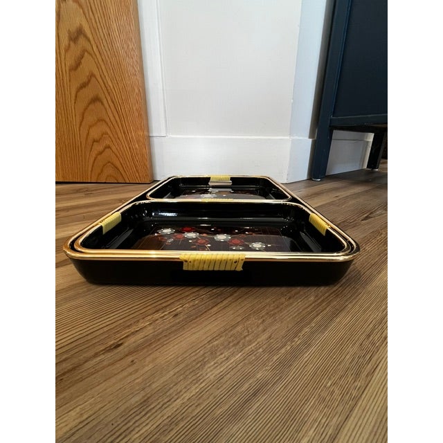Mid 20th Century Vintage Japanese Black Lacquer Serving Trays For Sale - Image 5 of 12