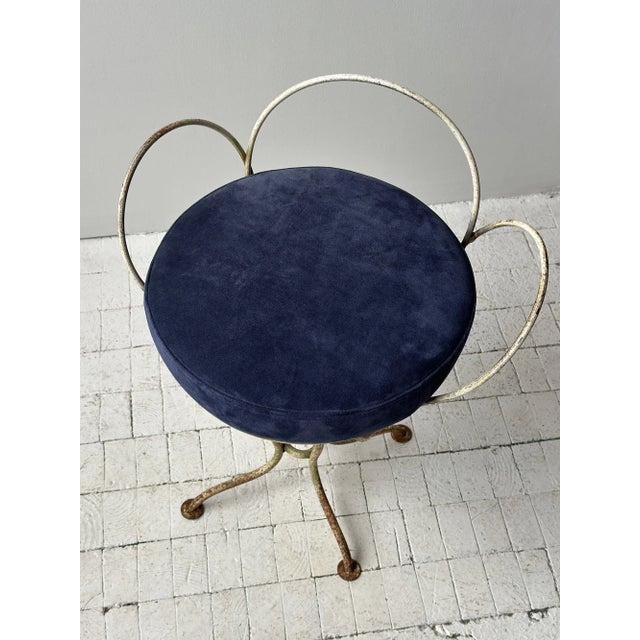 Vintage White-Painted Iron Petal Back Vanity Chair With Navy Suede Seat, Circa Mid-20th Century For Sale - Image 4 of 16