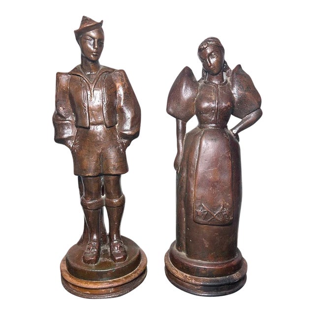 Early 20th Century French Bronze-Clad Plaster Breton Man and Woman Sculptures on Wood Bases - Set of 2 For Sale