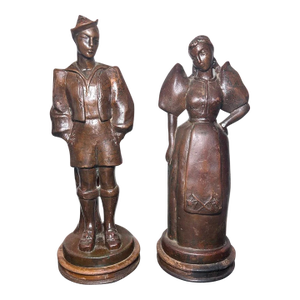 Early 20th Century French Bronze-Clad Plaster Breton Man and Woman Sculptures on Wood Bases - Set of 2