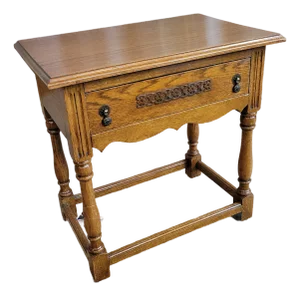 Late 20th Century English Golden Oak Turned Leg Side Table With Stretcher Base and Drawer