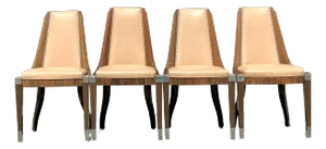Vintage French Art Deco Burl and Leather Dining Chairs After Ruhlman -Set of 4