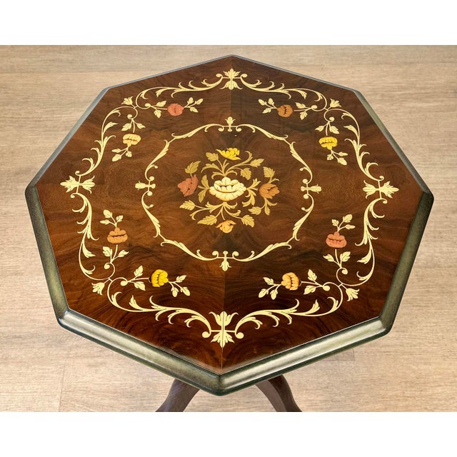 Vintage Italian Rococo Floral Marquetry Fruitwood Octagonal Side Table For Sale - Image 4 of 9