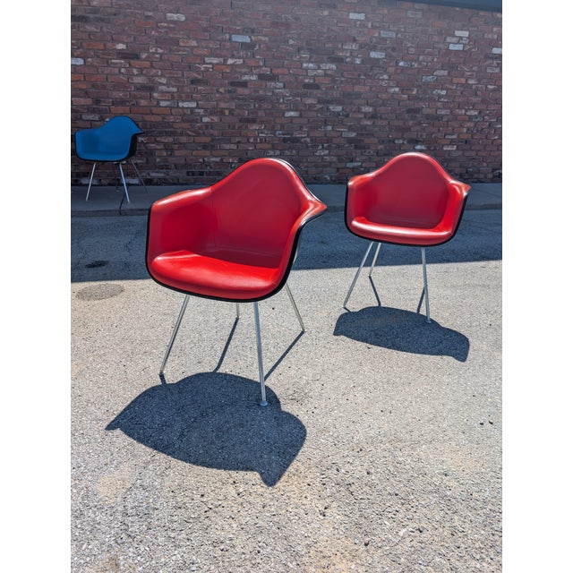 Plastic 1970s Pair of Red Eames Herman Miller Padded Arm Shell Chairs For Sale - Image 7 of 16