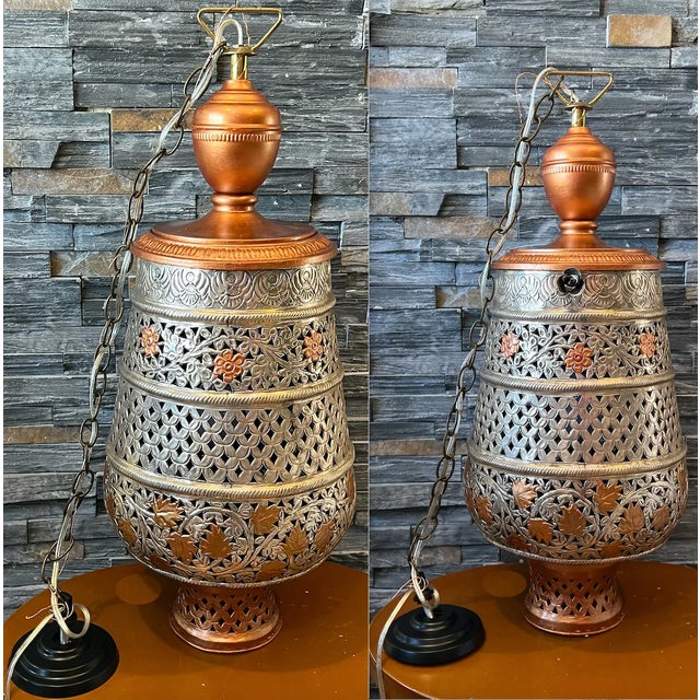 Vintage Silver Copper Toned Floral Perforated Metal Urn Pendant Lamp For Sale - Image 10 of 13