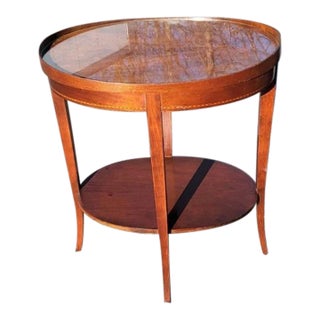 Mersman Tiered Mahogany Inlay Oval Side Table W/ Protective Glass Top For Sale