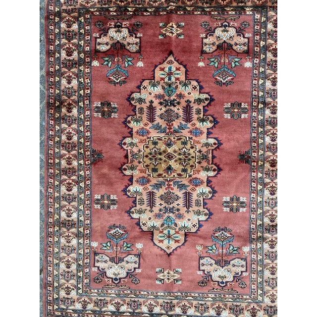 Nice mid century rug with beautiful geometrical design and nice colors, entirely hand knotted with wool velvet on cotton...