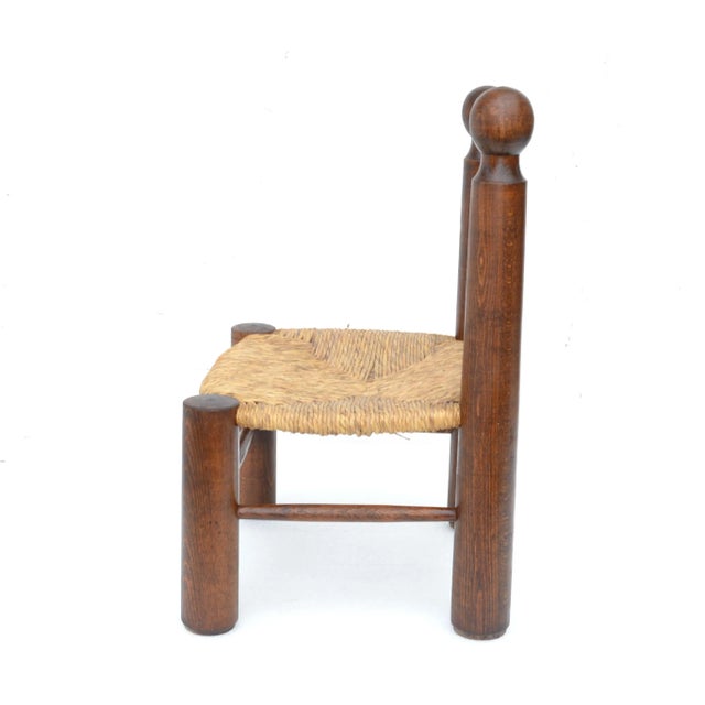 1960s Charlotte Perriand Style Turned Wood Kid's Chair Woven Rush Seat France 1960 For Sale - Image 5 of 12