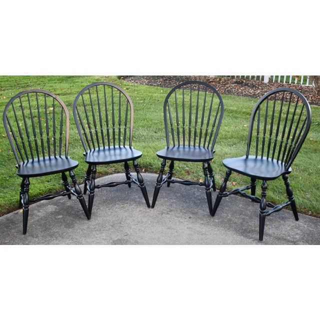4 Ethan Allen Oak Dining Chairs Vintage Distressed Black Farmhouse Bow Back For Sale - Image 16 of 18