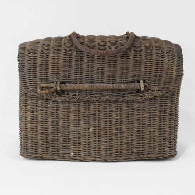 Rustic Vintage Woven Rattan Picnic Basket With Handle & Lid – Handwoven Storage & Décor For Sale - Image 3 of 11