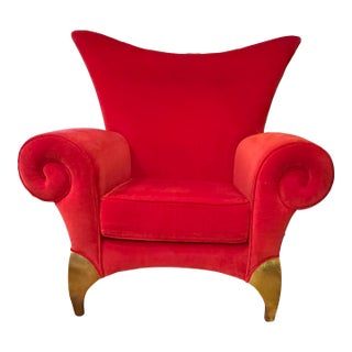 1990s Dramatic Oversized Version of Wingback Armchair in Vibrant Red Velvet For Sale