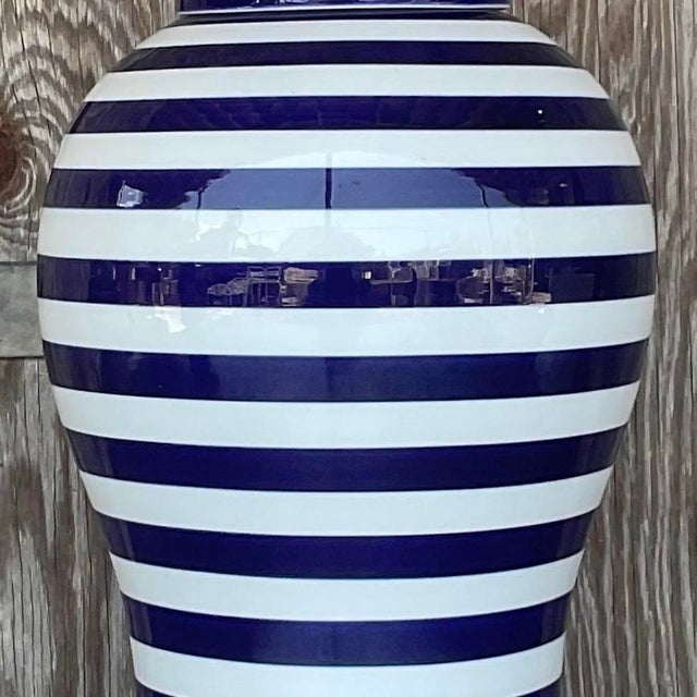 White Vintage Contemporary Glazed Ceramic Striped Ginger Jar For Sale - Image 8 of 12