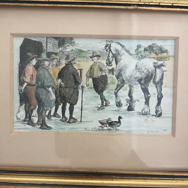 Pair of vintage framed lithographs by Paul Cairney London 1979. Features scenes from a farm - one with a horse and one...