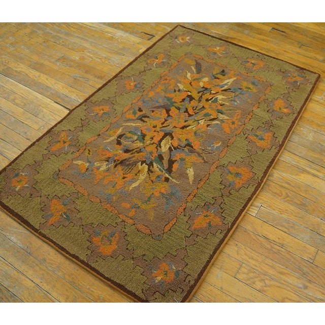 Antique American hooked rug. Measures: 3'0" x 4'7". Hooked Small Scatter Size Antique American Wool 1930s Rug, Country of...