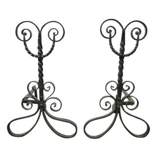 Antique Arts & Crafts Art Nouveau Black Wrought Iron Scrolling Andirons - A Pair For Sale
